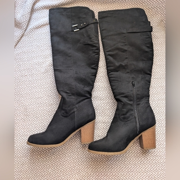 Sugar Black Over the Knee Boots with Tan Heel - Picture 1 of 6